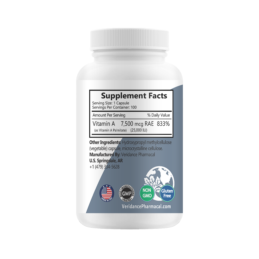 Vitamin A 25,000 IU | High-Potency Retinyl Palmitate for Vision & Immunity Support – 100 Vegetable Capsules