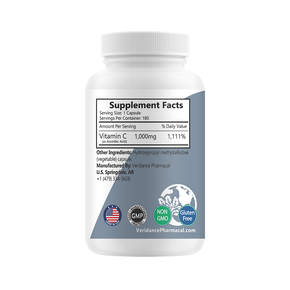 Vitamin C 1000mg – Ultra Pure, Non-GMO | 180 Vegetable Capsules