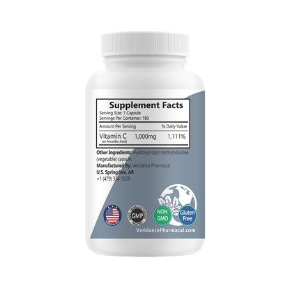 Vitamin C 1000mg – Ultra Pure, Non-GMO | 180 Vegetable Capsules