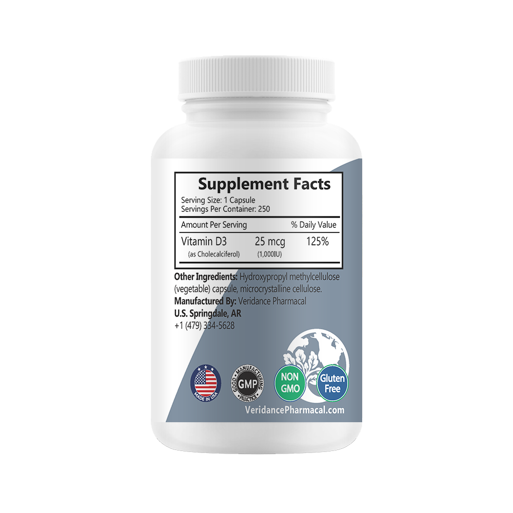 Vitamin D3 1000 IU (25mcg) – 250 Vegetable Capsules