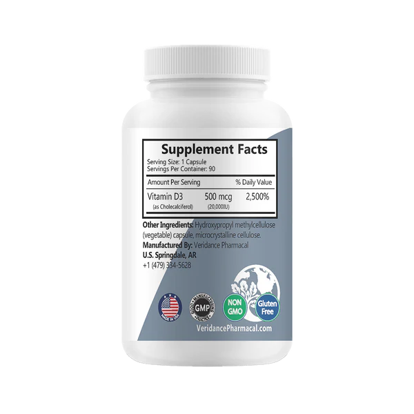 Vitamin D3 20,000 IU (500mcg) – 90 Tiny Soft Vegetable Capsules