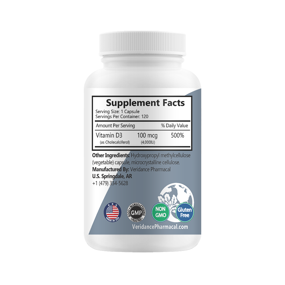 Vitamin D3 4000 IU (100mcg) – 120 Vegetable Soft Capsules | High Strength, Non-GMO