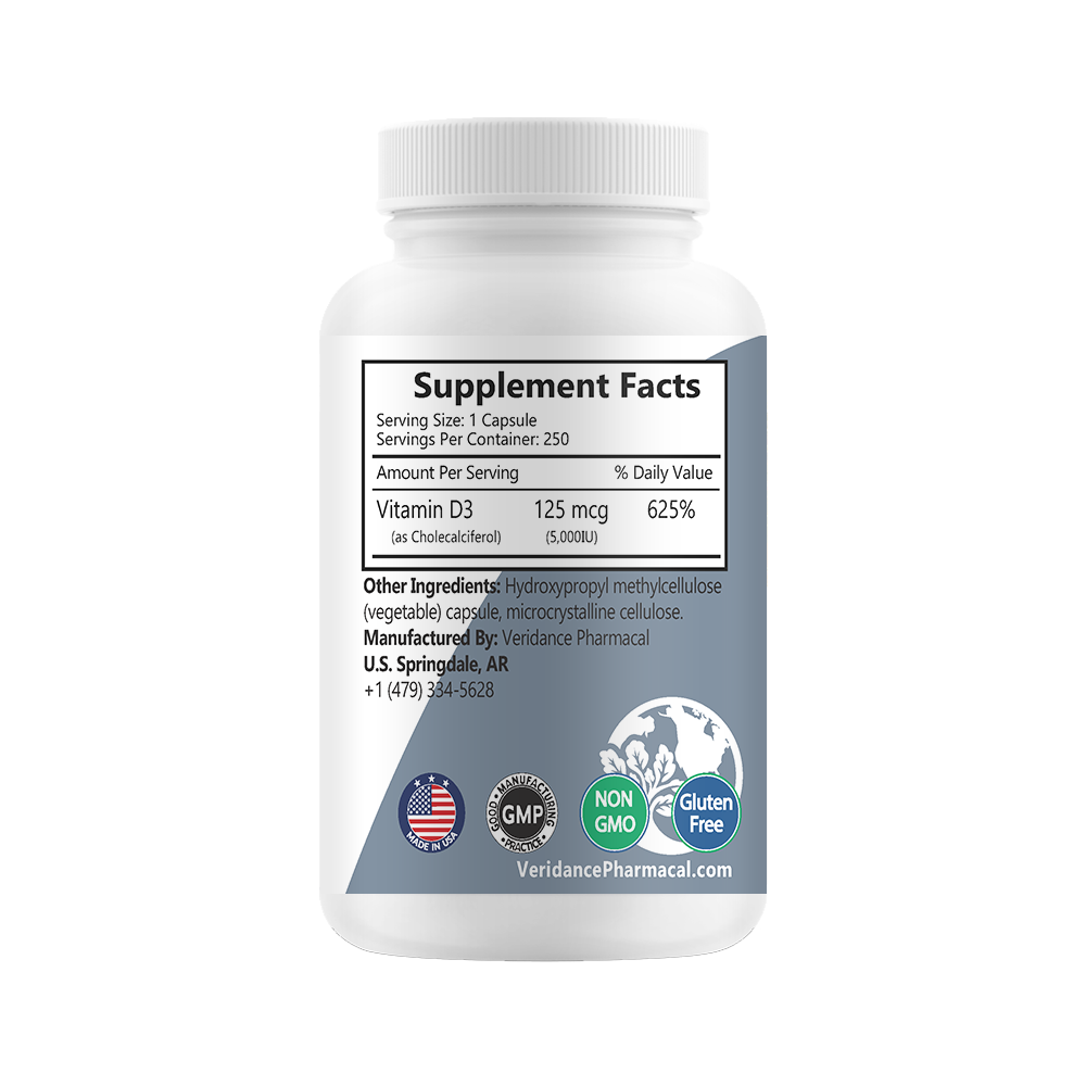 Vitamin D3 5000 IU (125mcg) – 250 Tiny Soft Vegetable Capsules