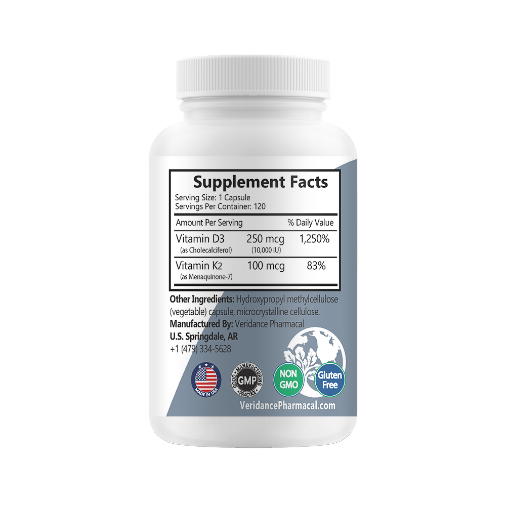Vitamin D3 10,000 IU + K2 MK-7 250 mcg, 120 Vegetable Capsules