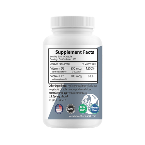 High Potency Vitamin D3 10,000 IU + K2 MK-7 250 mcg - Bone & Heart Support, 120 Vegetable Capsules
