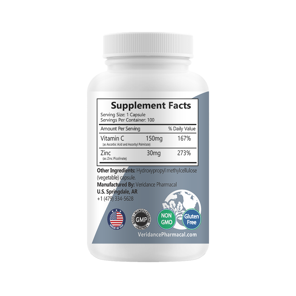 Zinc 30mg with Vitamin C – 100 Vegetable Capsules