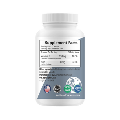 Zinc 30mg with Vitamin C – 100 Vegetable Capsules